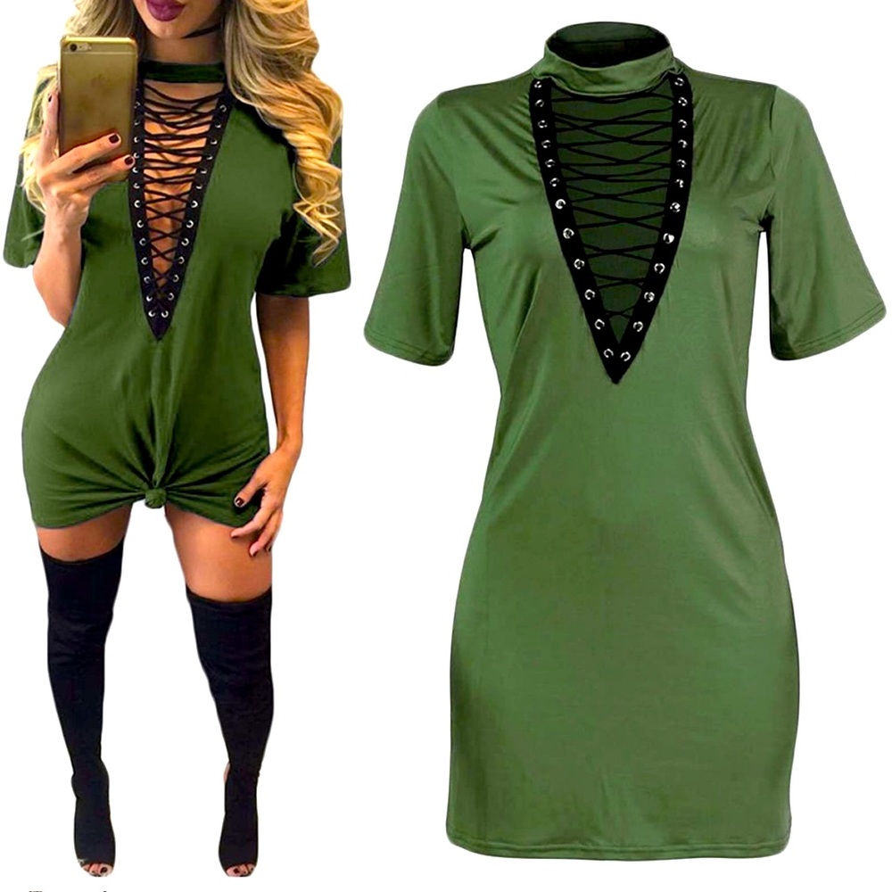 Sexy Lace up T Shirt tunic green Dress Small